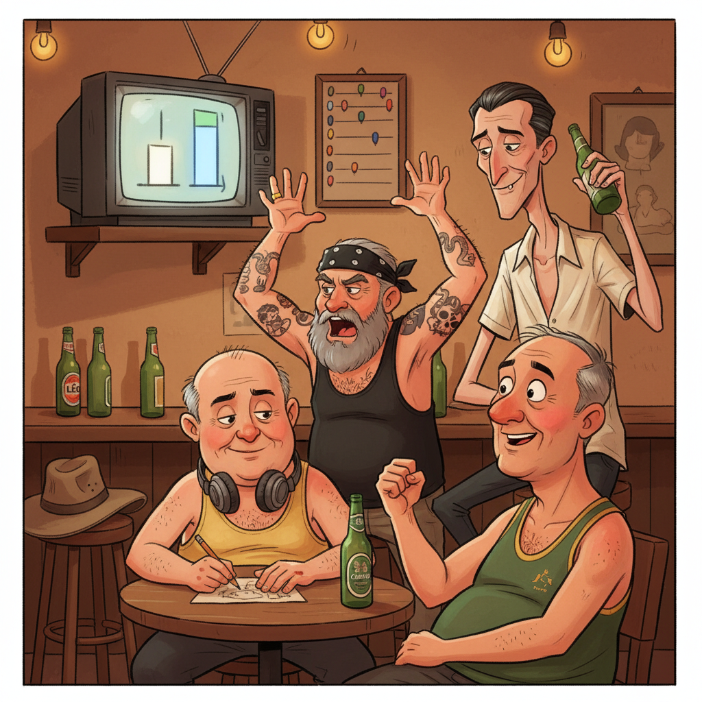 The four teachers watching a matchup graph on a CRT TV with a pinned leaderboard nearby